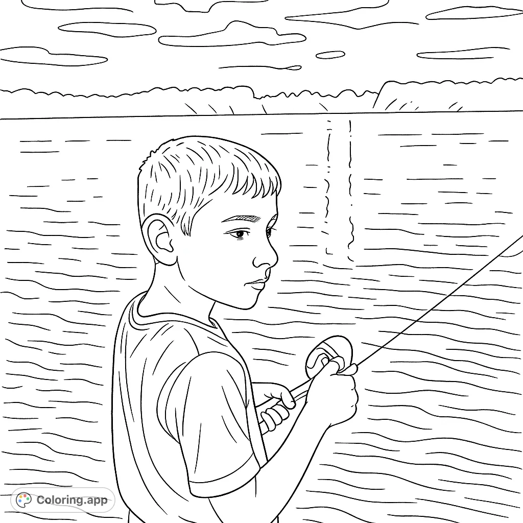 A young boy fishing by a serene lake at sunset, capturing a peaceful moment in nature. Perfect for a relaxing fishing coloring page.