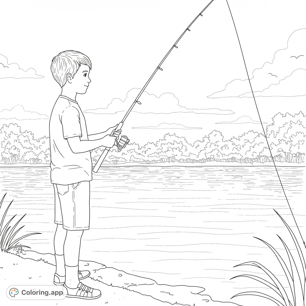 A detailed fishing scene featuring a young boy by a vast body of water with intricate ripples, a distant treeline, and soft cloud formations.