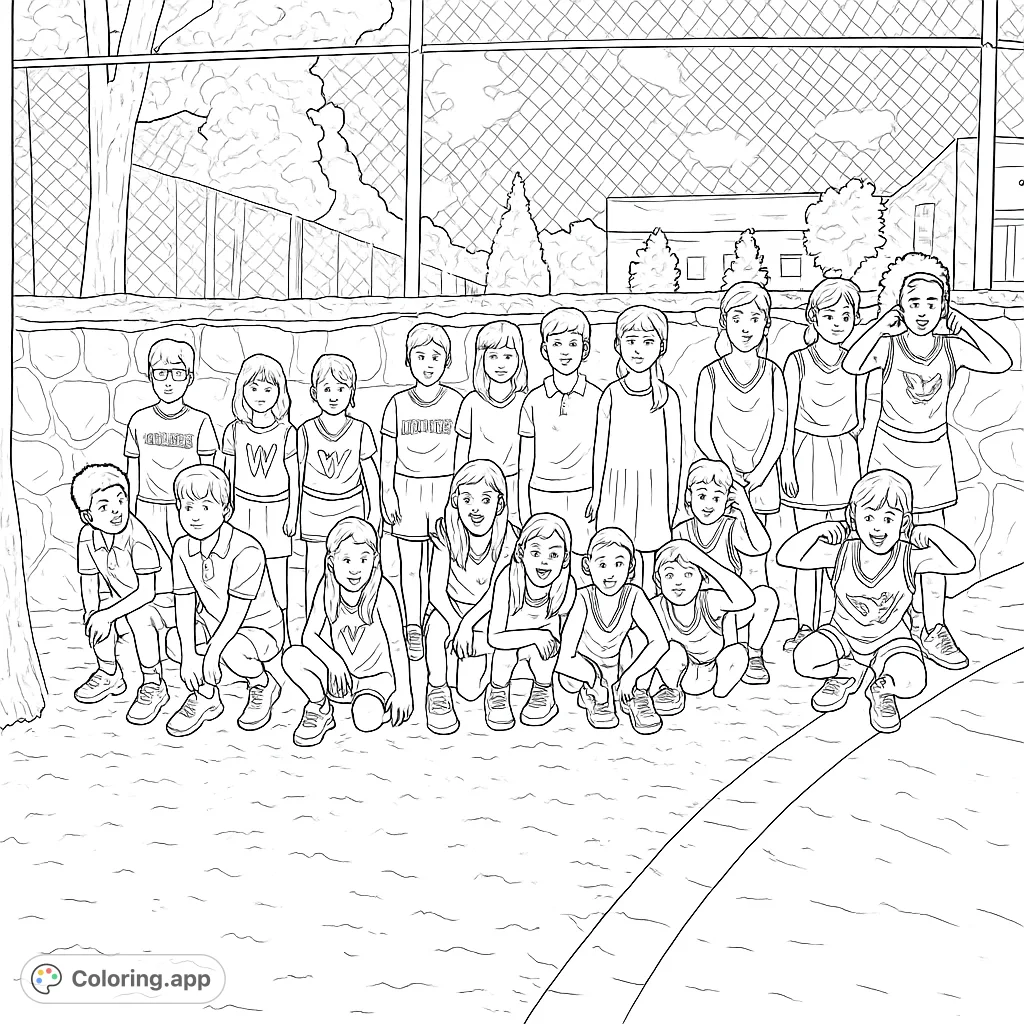A lively group of students posing outdoors, ready for a fun coloring adventure. Features uniforms, a stone wall, and playful expressions.