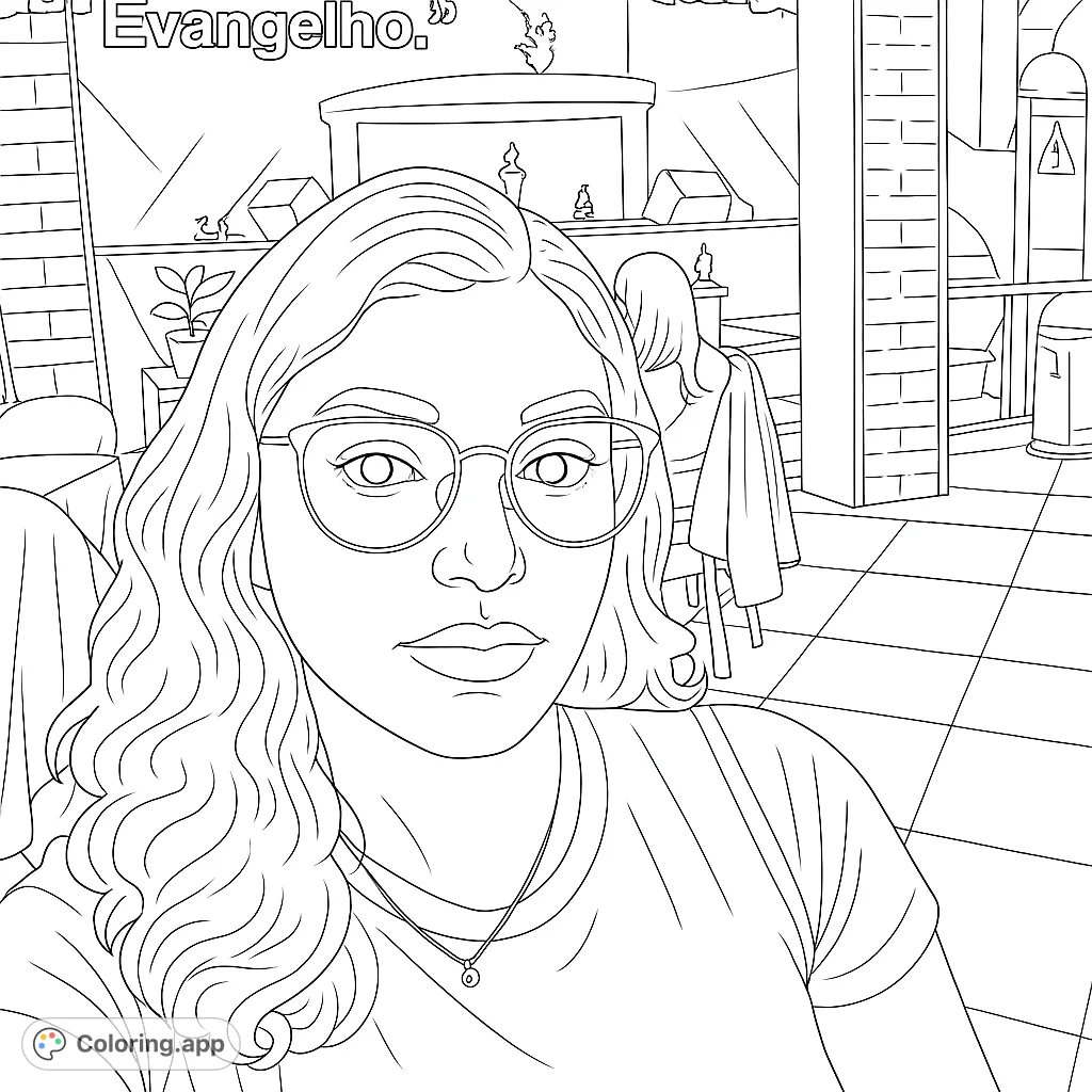 Color a contemporary portrait featuring a woman with stylish glasses, wavy hair, and a detailed background. Perfect for fashion and portrait enthusiasts.