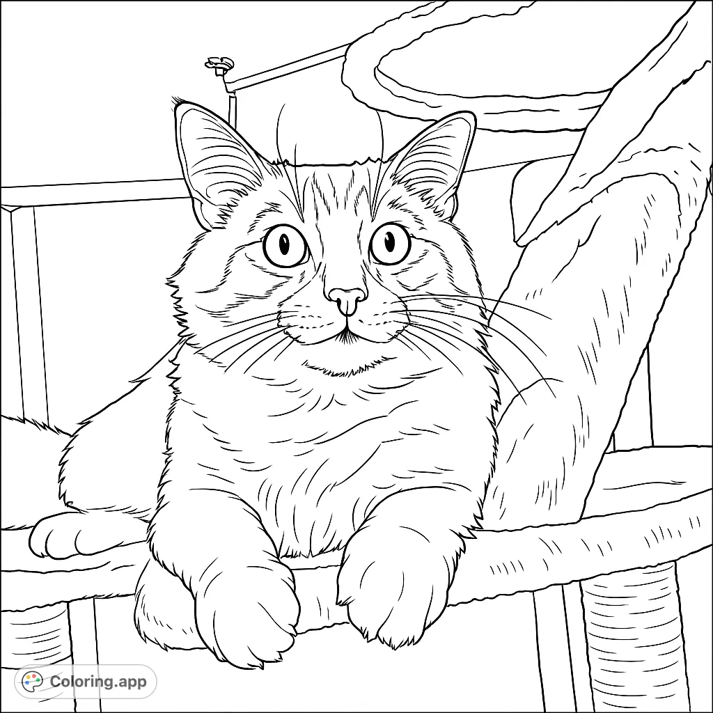 A charming fluffy cat with expressive eyes rests on a cat tree, ready for your creative touch. Perfect for animal lovers and detailed coloring.