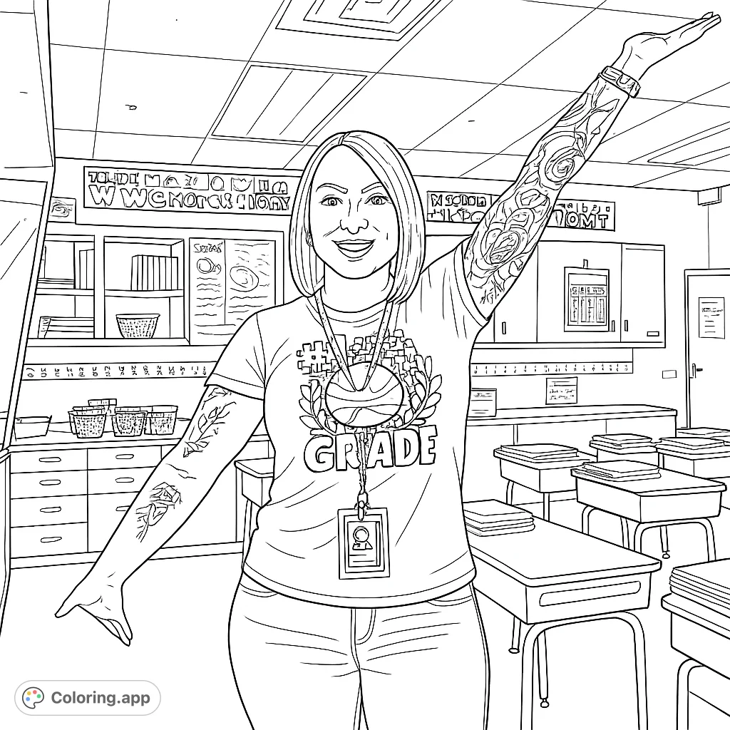 Capture the energy of a classroom with this dynamic teacher coloring page. Features a smiling teacher, detailed arm designs, and a lively classroom setting.