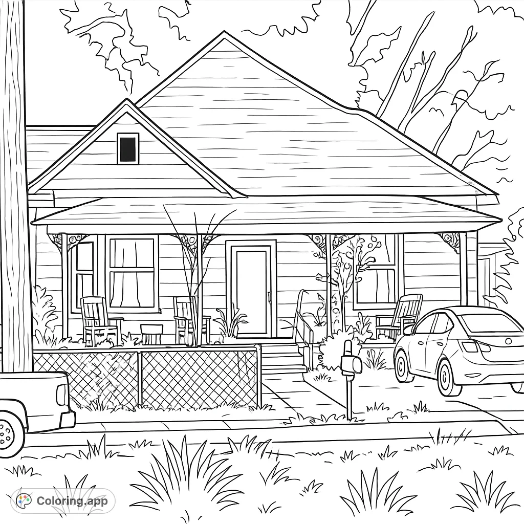 Explore a charming suburban home with a detailed porch, intricate roof, and surrounding landscape. Perfect for architectural enthusiasts and relaxation.
