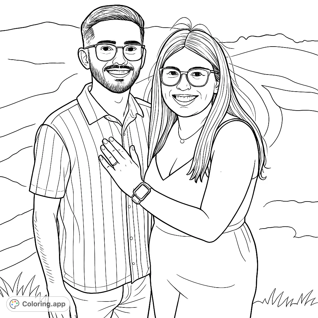 Capture the joy of a smiling couple in a scenic outdoor setting. This portrait coloring page features detailed figures and a gentle landscape.