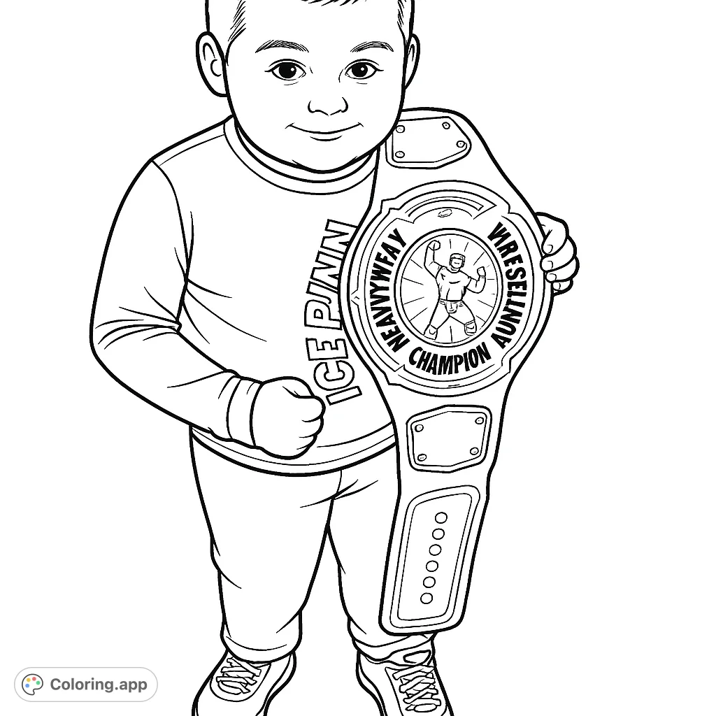 A proud young champion holds a detailed wrestling belt, ready for you to bring to life with vibrant colors. Celebrate victory and achievement!