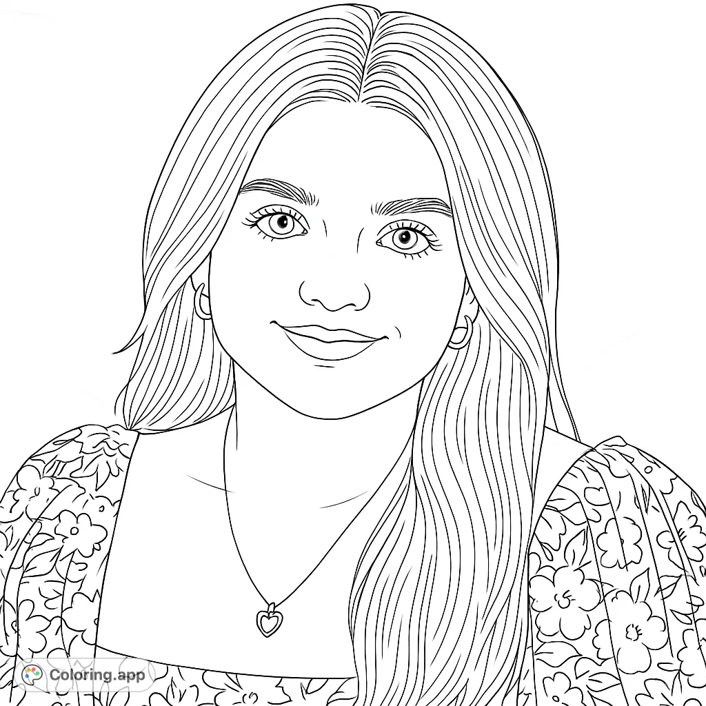 A beautiful portrait of a young woman with a gentle smile and flowing hair, wearing a floral top and heart pendant. Perfect for creative expression.