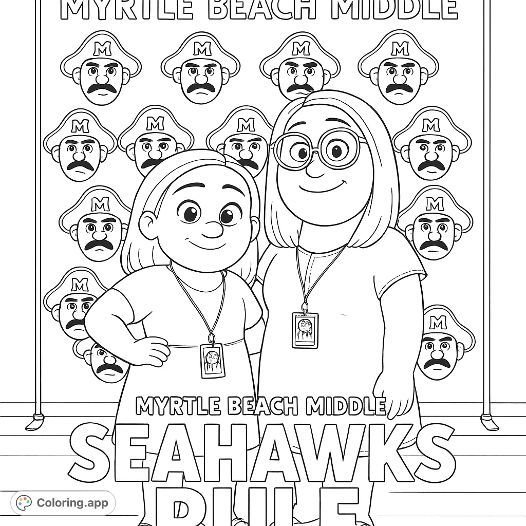 Celebrate school spirit with two friendly characters and a vibrant school banner featuring a repeating mascot design. Perfect for young fans!