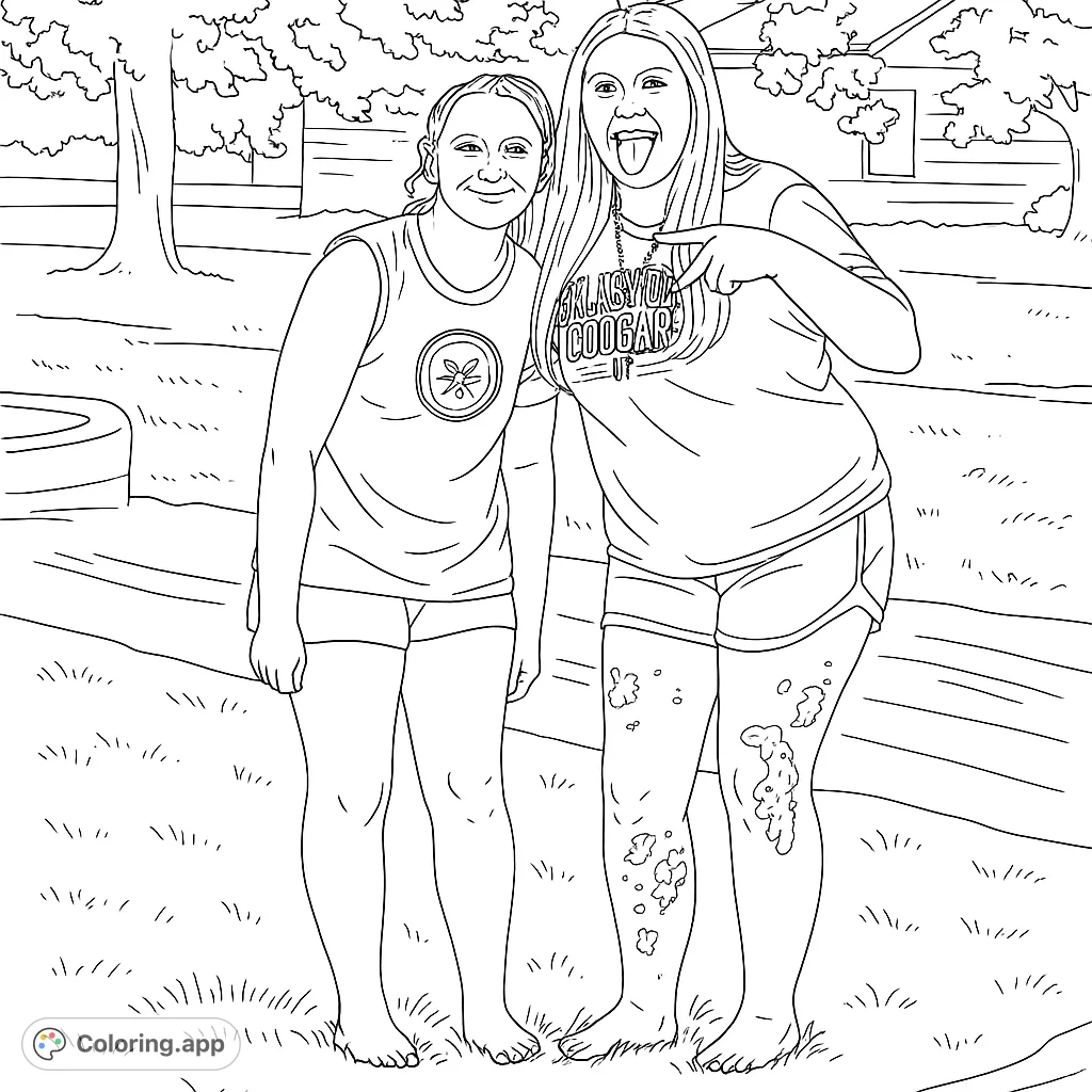 Capture the joy of friendship with two playful young women enjoying an outdoor summer day. Perfect for a fun and engaging coloring activity.