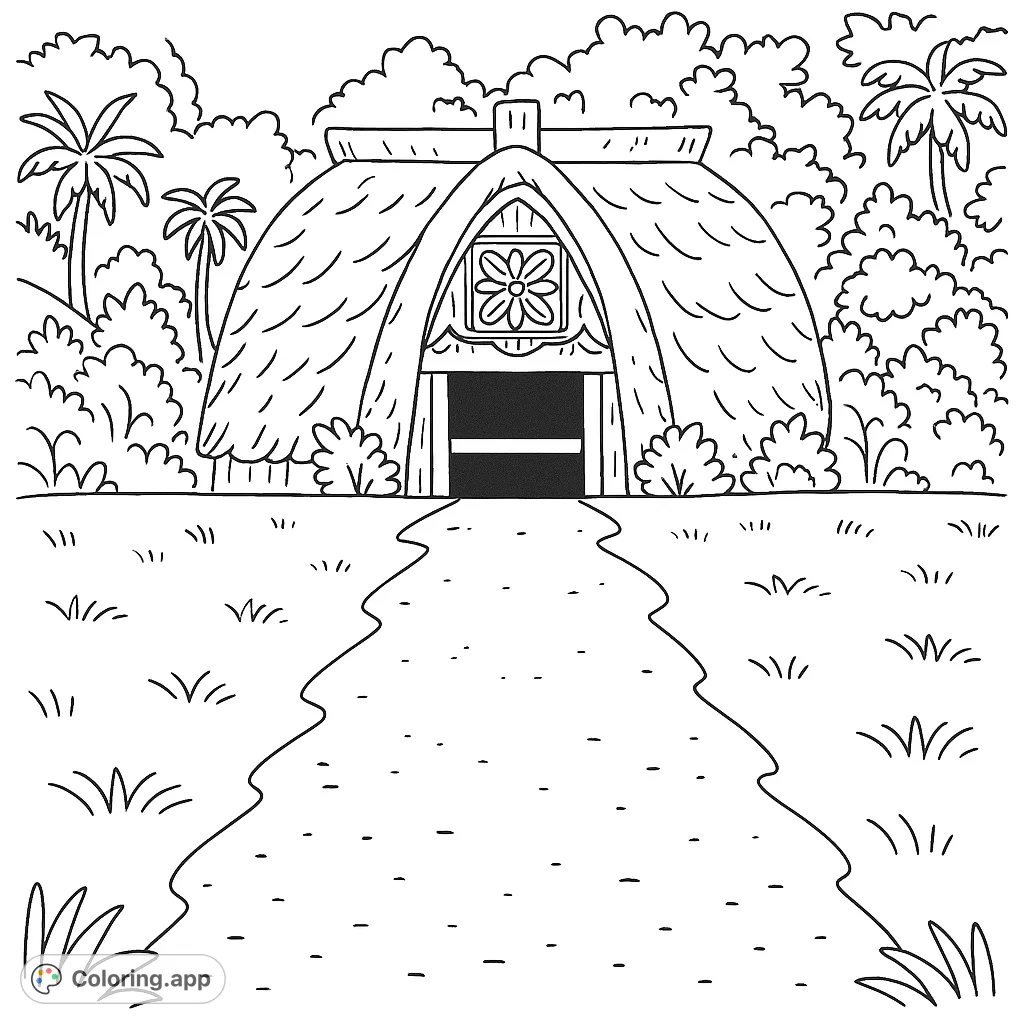 Explore a charming island village hall with a grand thatched roof and intricate carvings, surrounded by lush tropical plants. A perfect escape for creative coloring.