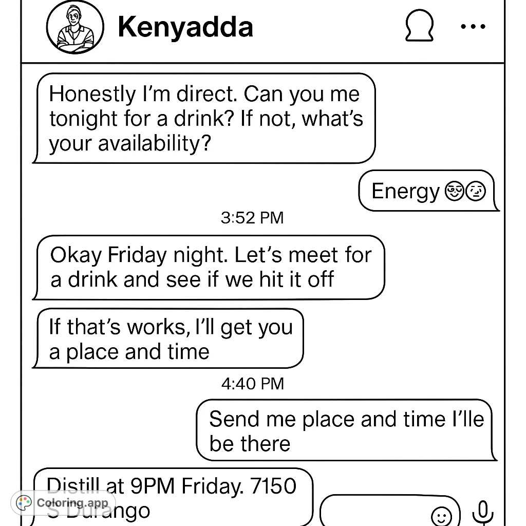 A unique messaging app conversation coloring page, featuring text bubbles, profile icons, and interface elements for a modern coloring experience.