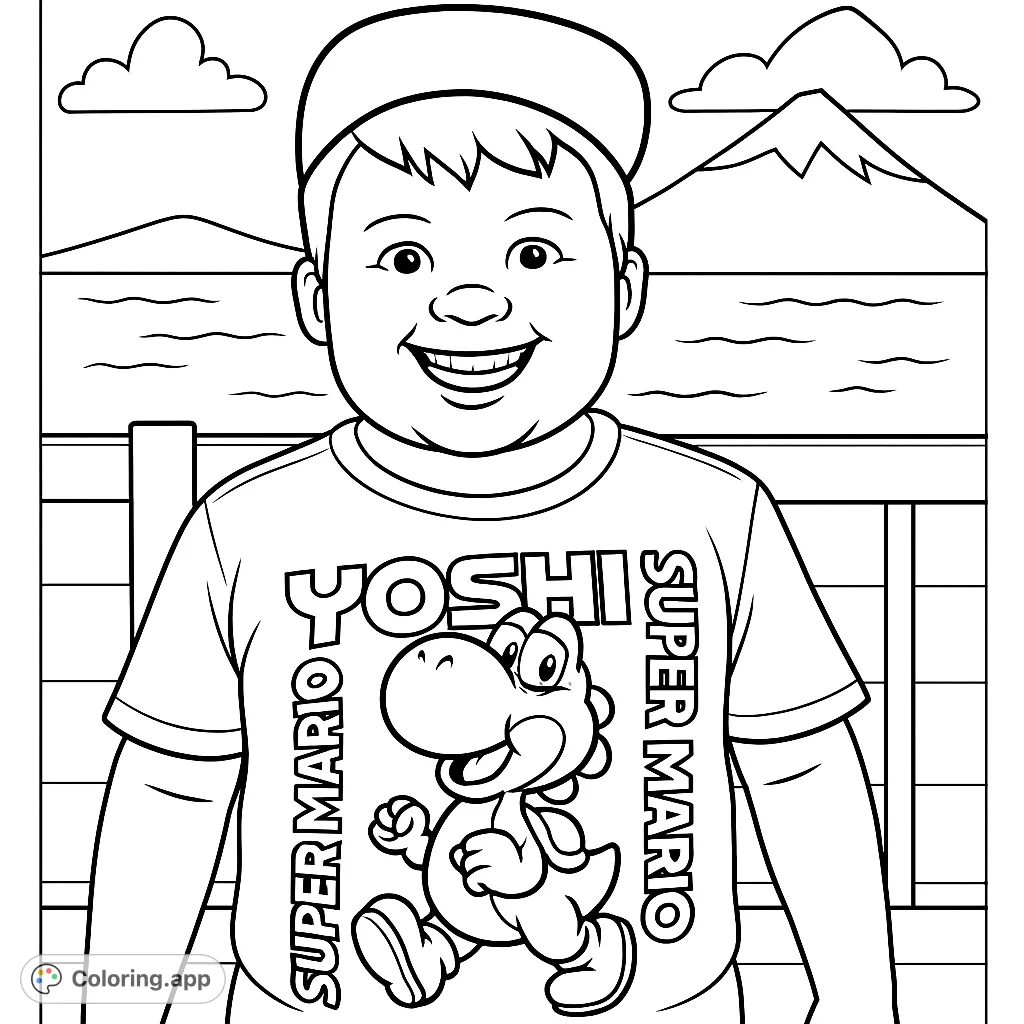 A cheerful child in a cool Yoshi t-shirt, ready for a fun coloring adventure. Features a cartoony style with bold outlines, a serene lake, and majestic mountains.