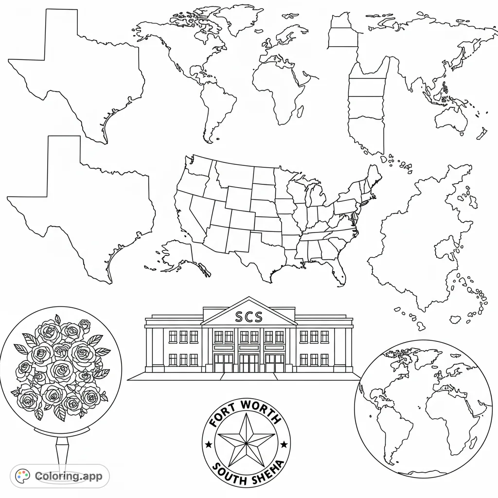 Explore geography and local pride with this unique coloring page featuring outlines of the world, continents, USA, Texas, a school, and the Fort Worth logo.