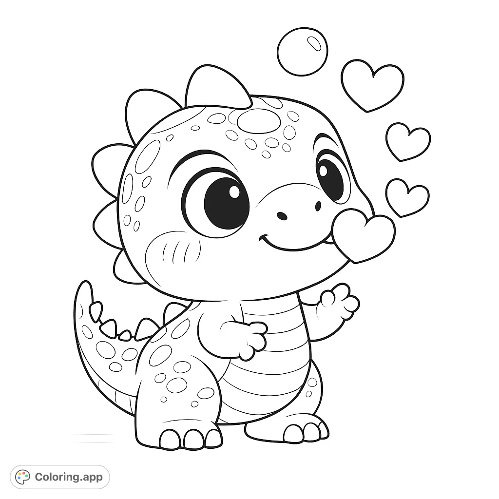 A delightful baby dinosaur blows heart-shaped bubbles, perfect for a charming and easy coloring page. Features a friendly character with textured details.