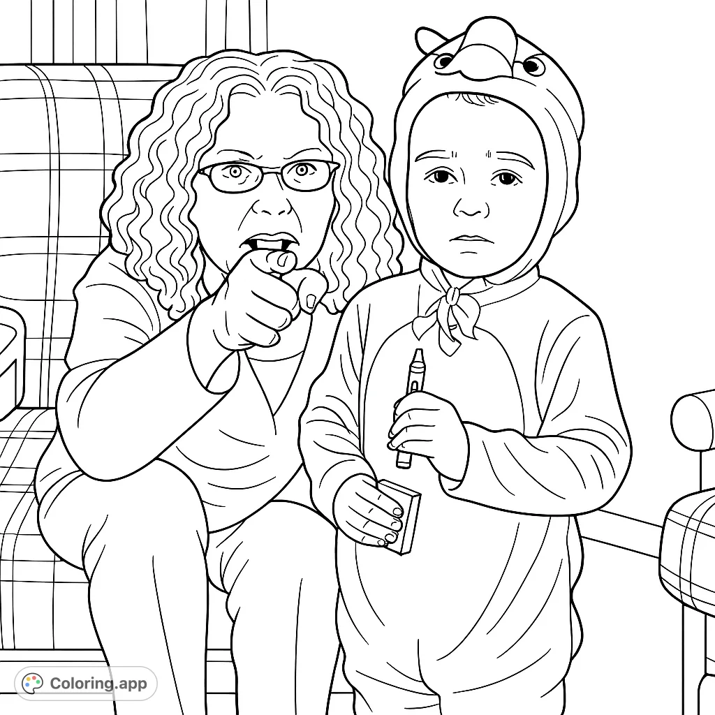 A heartwarming scene featuring a child in a charming bird costume alongside an adult, perfect for a fun and imaginative coloring experience.