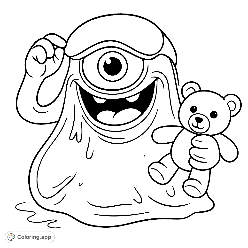 A friendly, one-eyed blob monster wearing a sleep mask, happily holding a teddy bear. A whimsical and cute scene for creative coloring fun.