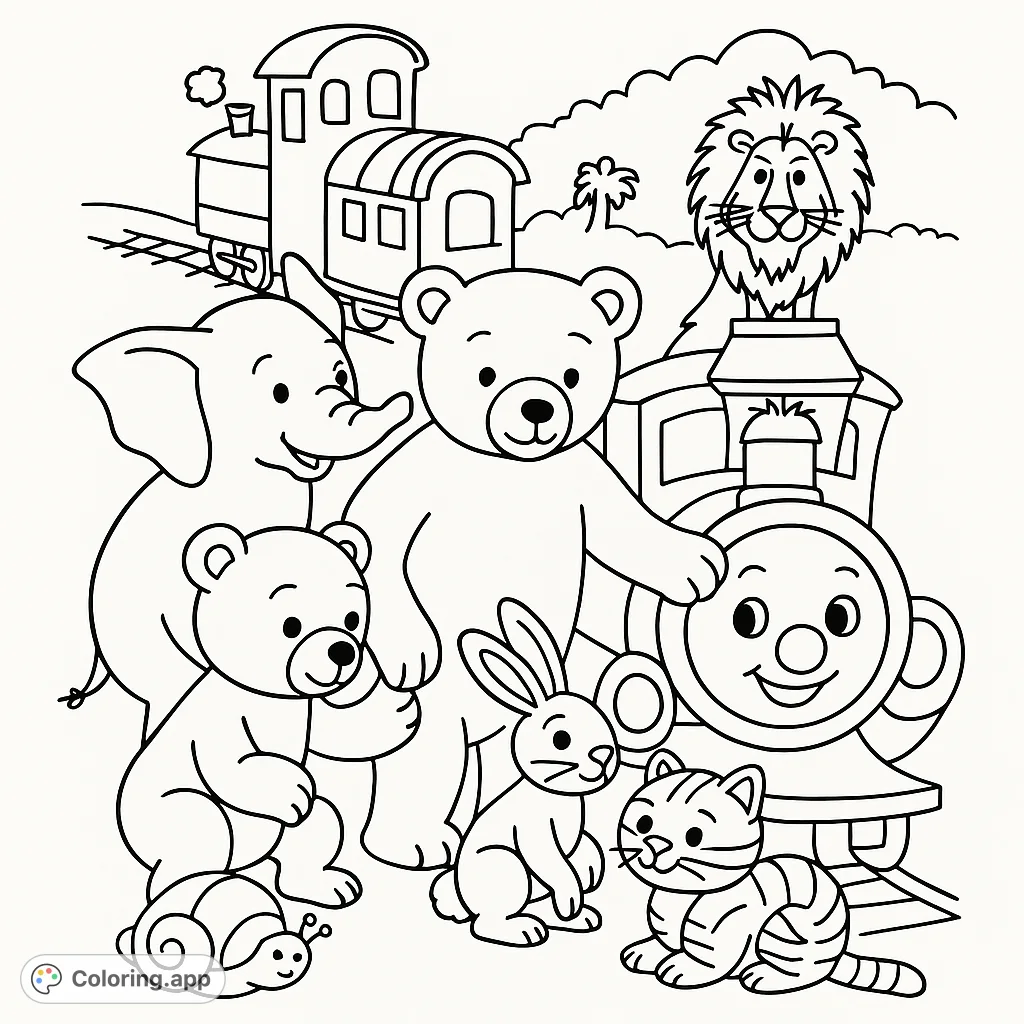 Join a delightful animal crew on a train adventure! This charming coloring page features a bear, elephant, rabbit, and more with a happy train.