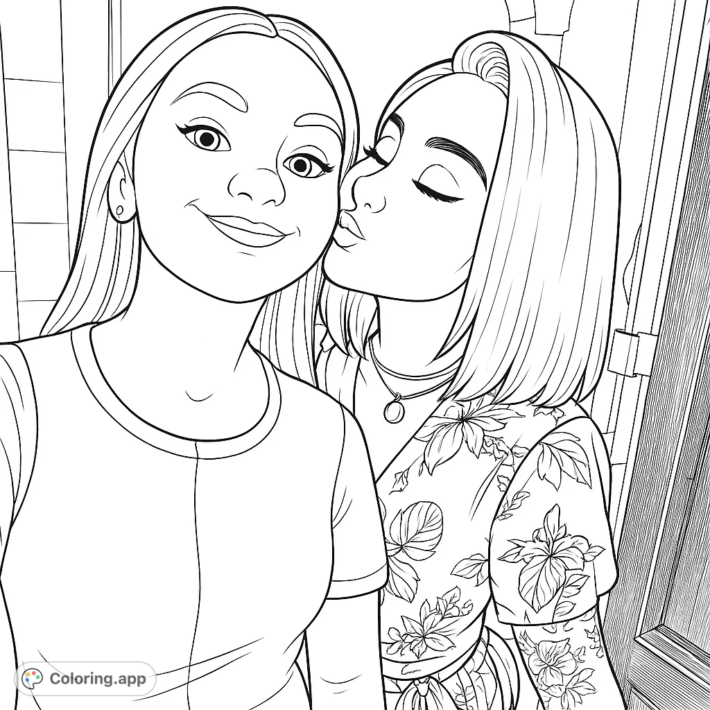 Capture a tender moment of friendship with this charming coloring page featuring two friends sharing a sweet kiss. Perfect for expressing affection and connection.