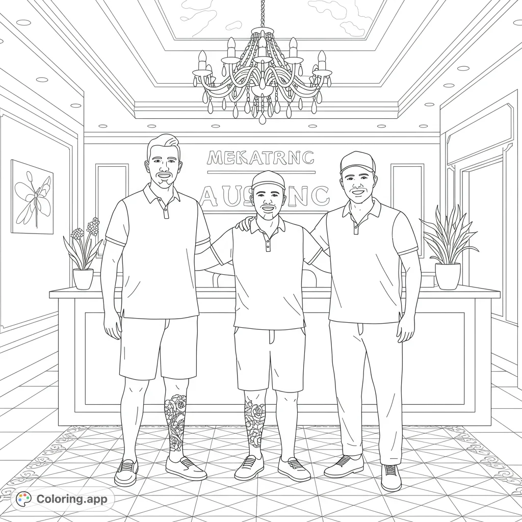 Color a detailed office scene featuring three smiling men in collared shirts, a reception desk, an ornate chandelier, and a patterned floor.
