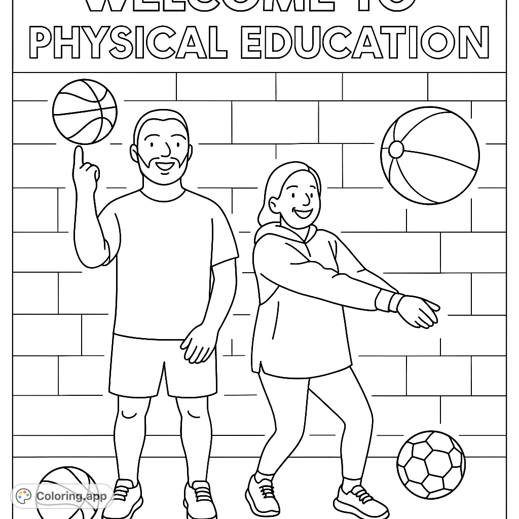 A fun physical education scene with a man spinning a basketball and a woman in a volleyball stance, plus a beach ball. Perfect for active kids!