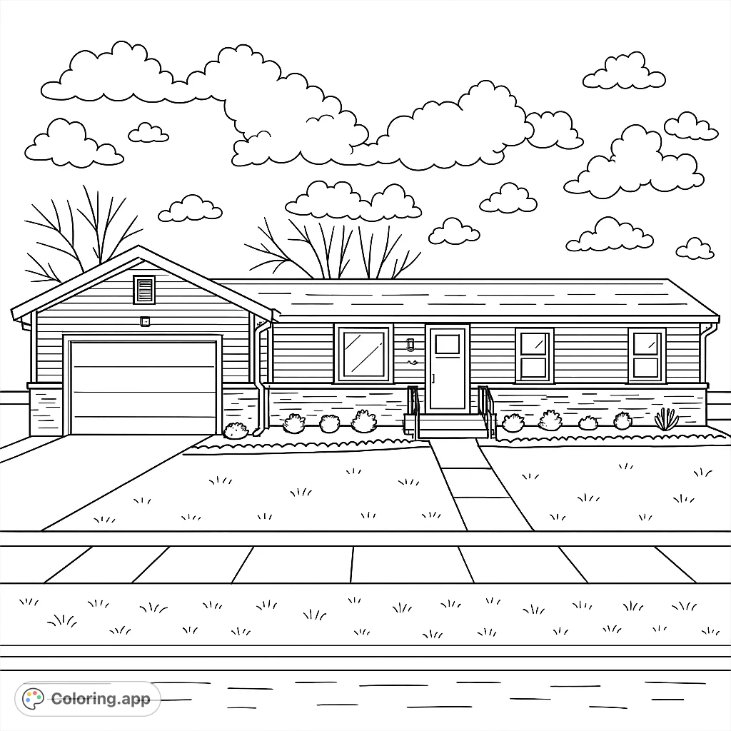 Color a charming suburban house with a garage, inviting front door, and landscaped yard under a cloudy sky. Perfect for all ages.