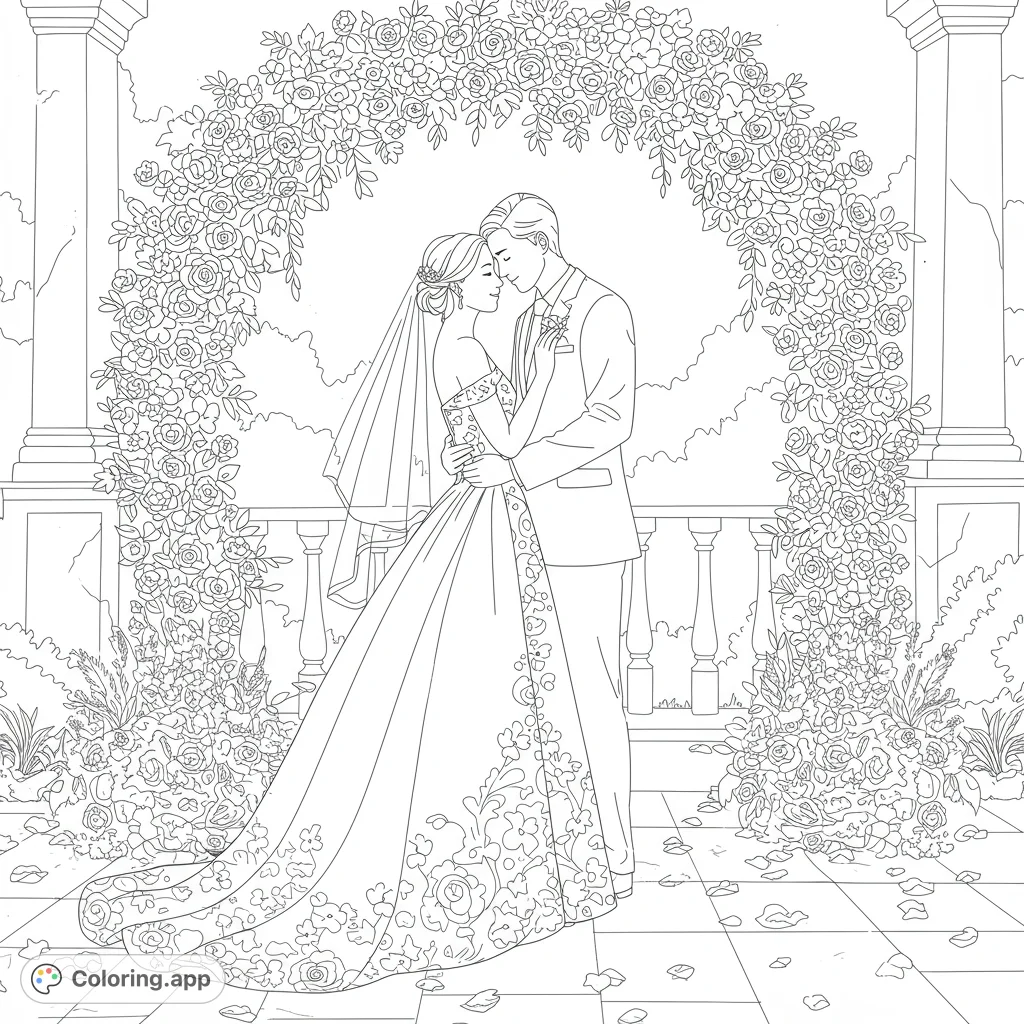 Capture the essence of love with this romantic wedding coloring page, featuring a couple, intricate attire, and abundant floral details.