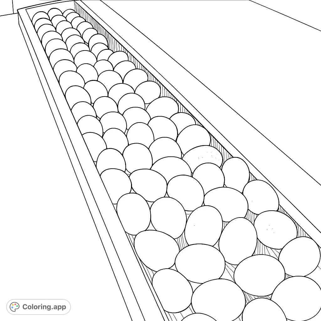 Discover a bounty of farm-fresh eggs nestled in a long, metallic collection tray. A simple yet satisfying coloring page for all ages.