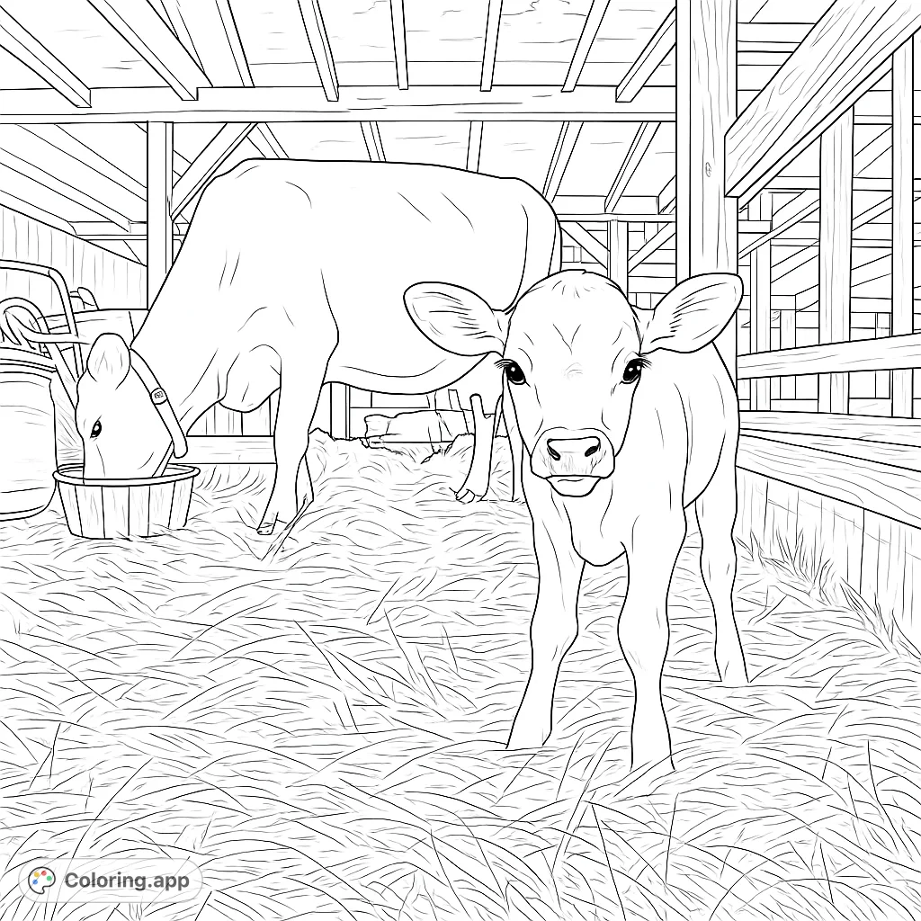 An endearing farm scene featuring a sweet calf looking directly at you, with its mother cow feeding in the background inside a rustic barn.