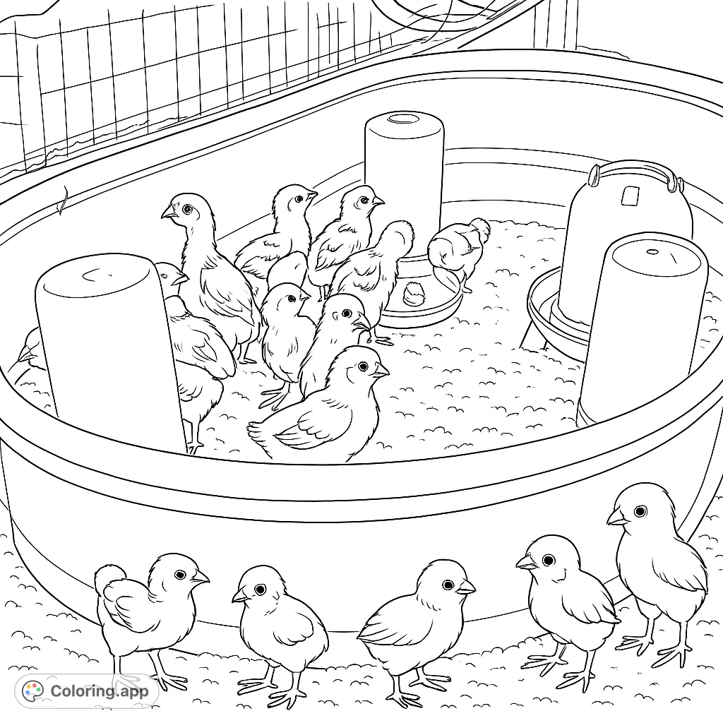 An adorable group of baby chicks nestled in their brooder, surrounded by feeders and bedding. A charming farm animal coloring page for all ages.