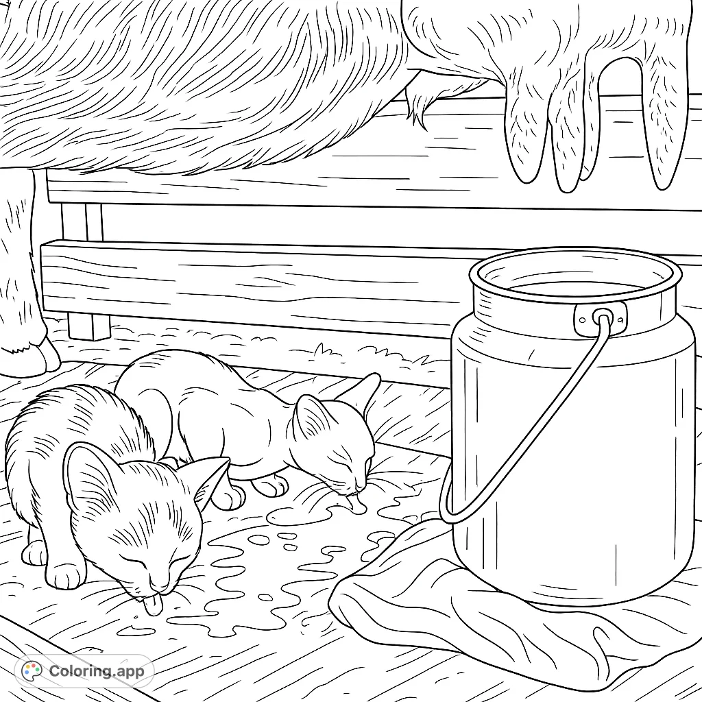 Adorable kittens enjoy a spilled treat near a farm animal and milk pail. A charming barnyard scene perfect for animal lovers to color.