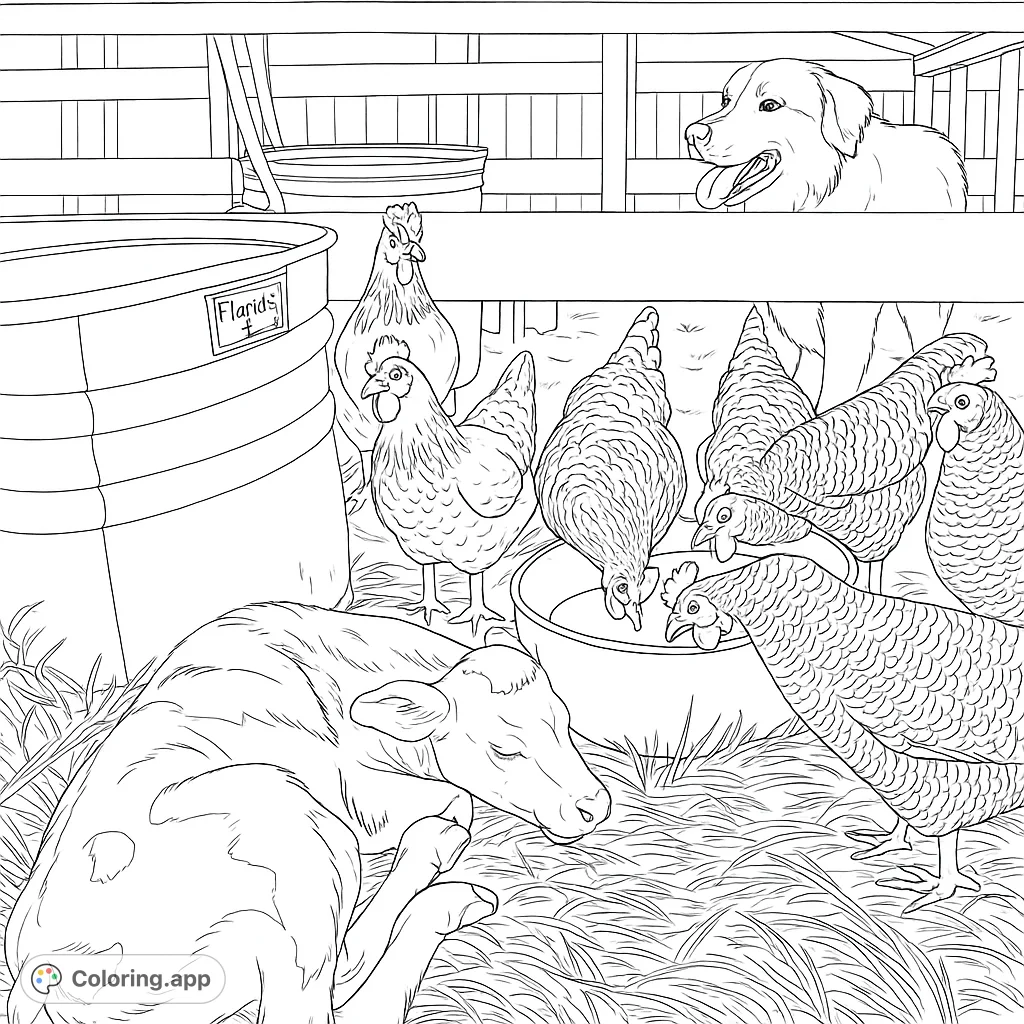 A heartwarming farm scene featuring a sleeping calf, busy chickens, and a watchful dog. Perfect for animal lovers to color and relax.