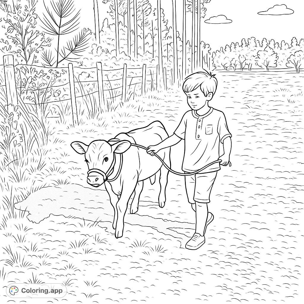 A heartwarming farm scene featuring a young boy leading a gentle calf along a rural path, perfect for a charming and engaging coloring experience.