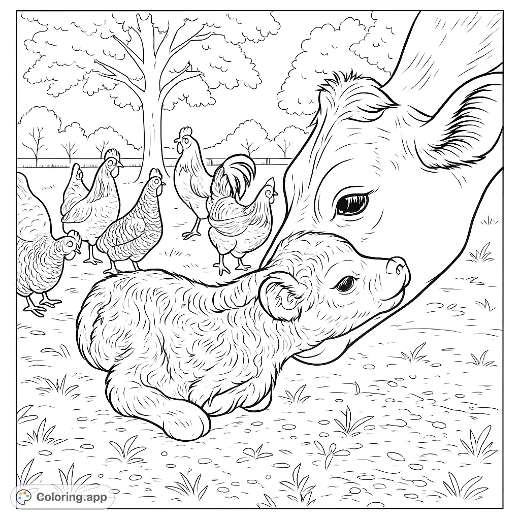 Capture a heartwarming farm scene with a mother cow gently nuzzling her newborn calf. Features chickens, grass, and trees for a charming rural coloring experience.