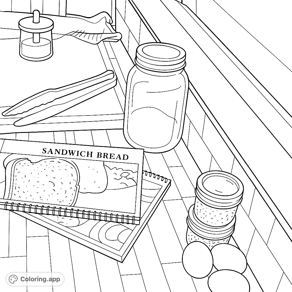 A delightful kitchen counter scene with baking essentials, including a cookbook, jars, and eggs, perfect for a relaxing coloring experience.