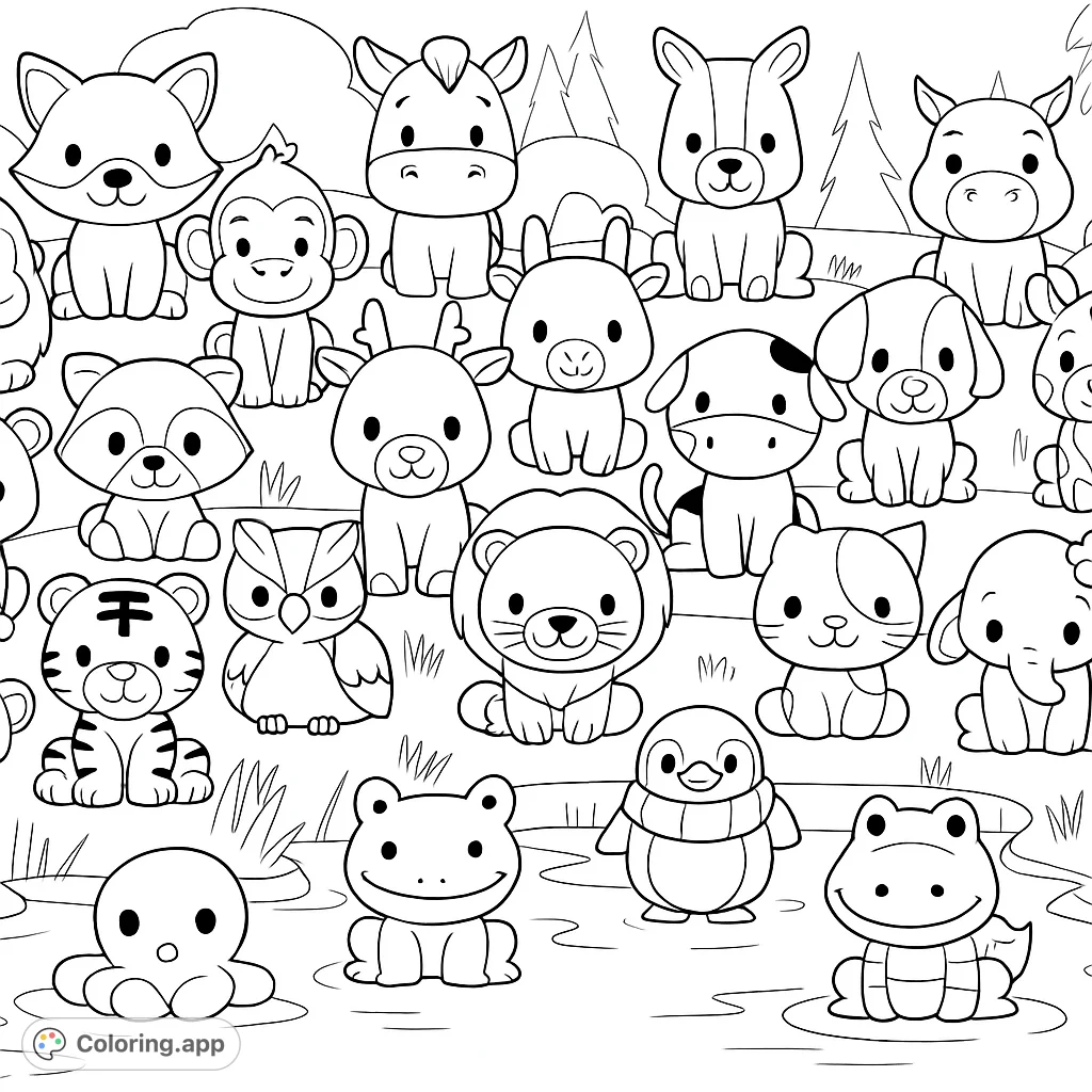 Discover a delightful gathering of cute animal figurines in a natural setting. Perfect for young animal lovers to color and bring to life!