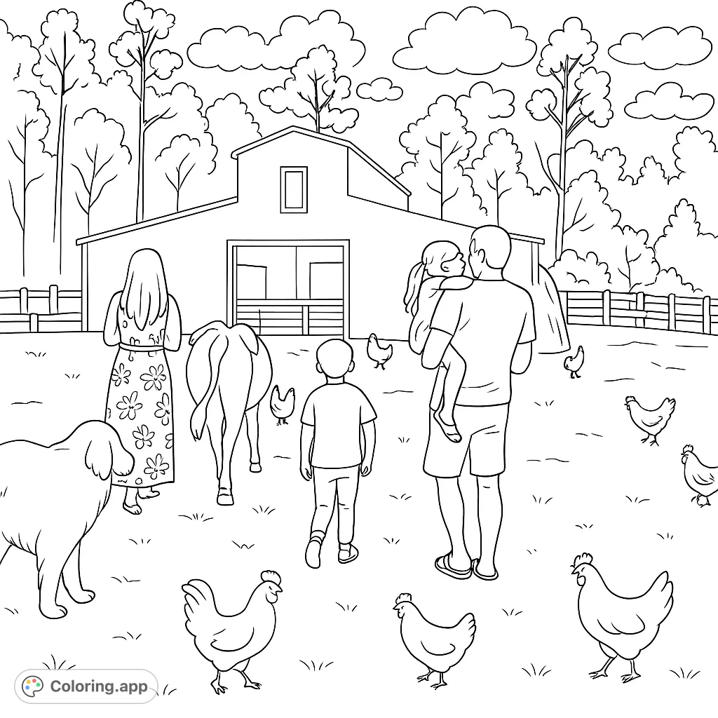 Explore a lively farm scene with a family, cow, dog, and chickens. Perfect for a relaxing coloring experience.