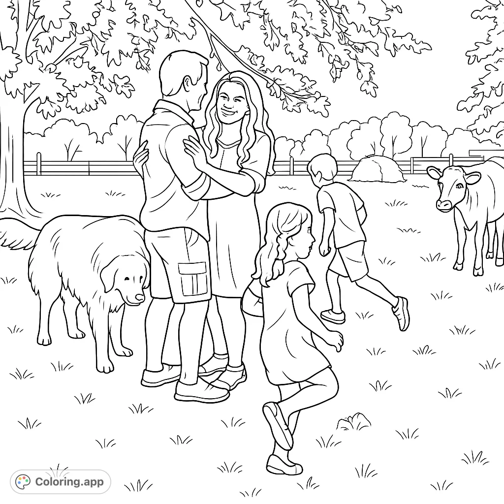 A heartwarming farm scene featuring a family, their dog, and a calf in a grassy field, perfect for a relaxing coloring experience.