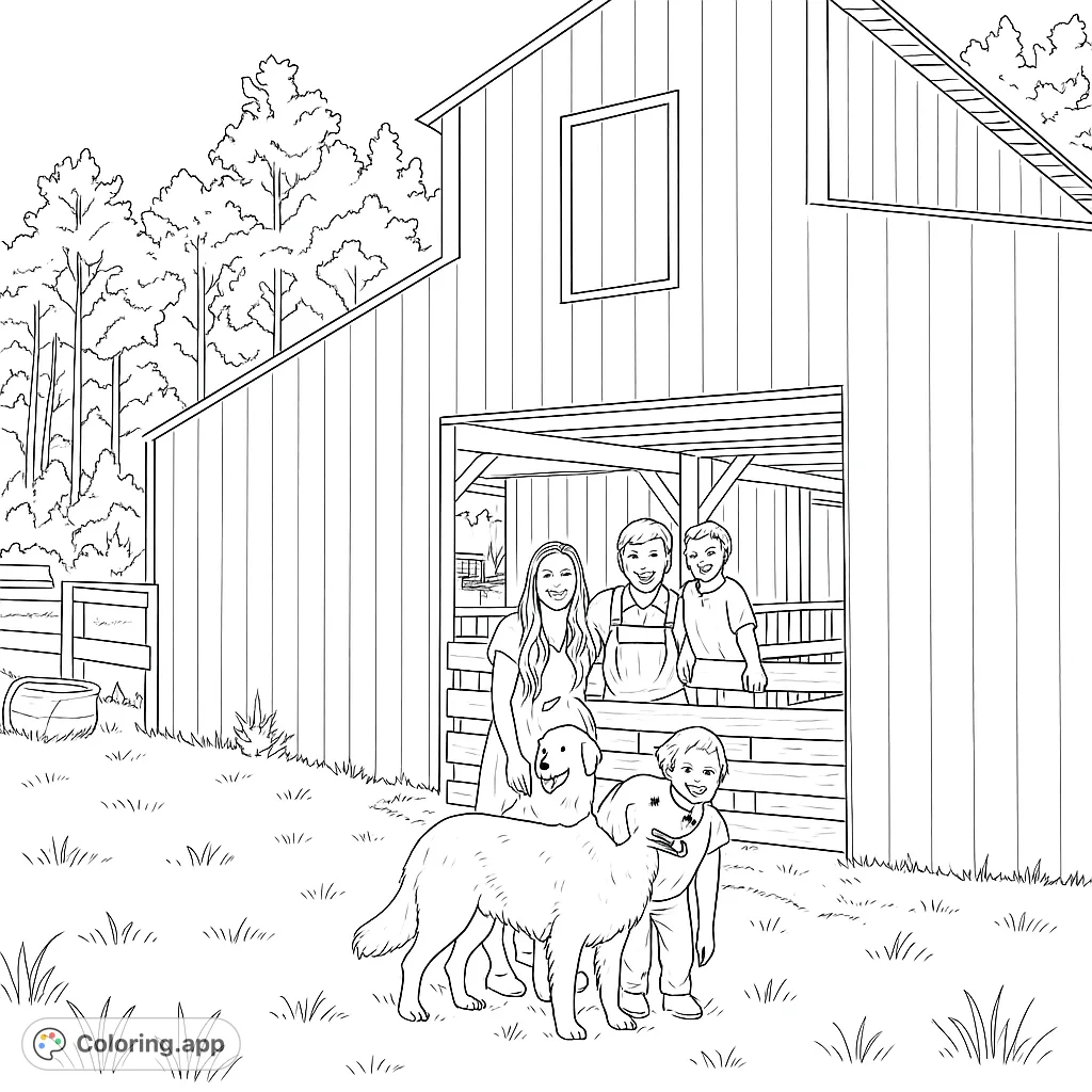 Explore a charming farm scene featuring a family, their loyal dogs, and a rustic barn. A delightful farm life coloring page for all ages.