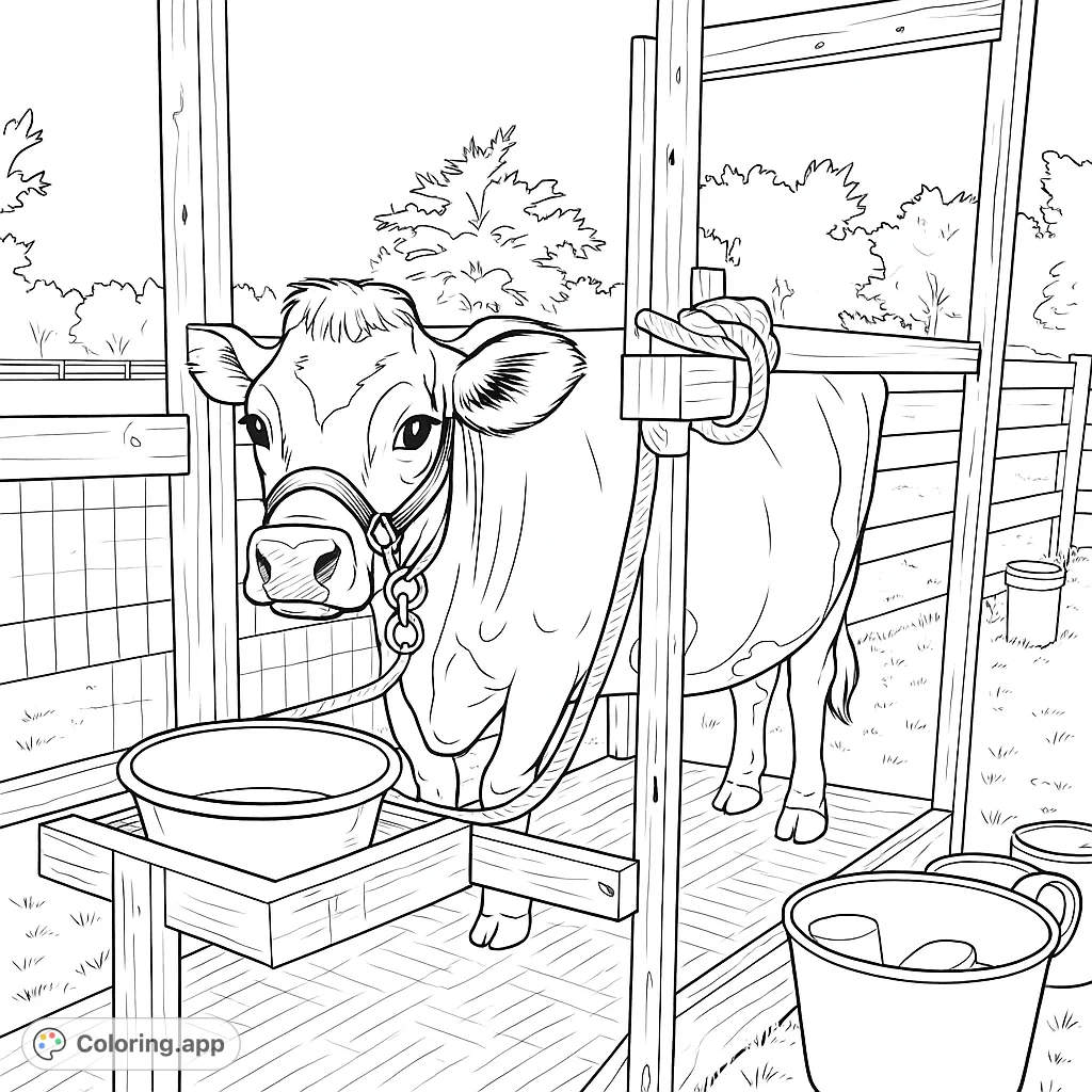A charming farm cow stands patiently in a wooden milking stand, ready for a fun coloring adventure. Perfect for animal lovers!