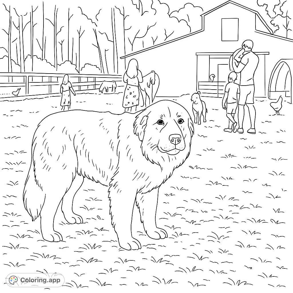 A charming farm scene featuring a majestic dog, family, and various animals, perfect for a relaxing farm life coloring page adventure.
