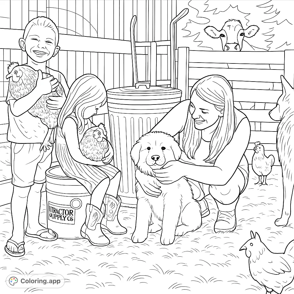 Explore a heartwarming farm scene with children, a woman, and various animals. A delightful free printable farm life coloring page for all ages.