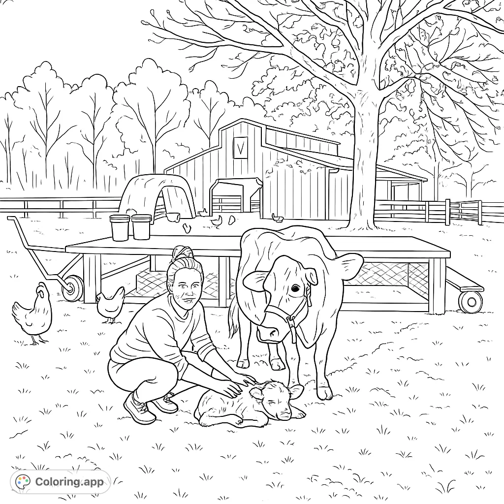 A heartwarming farm scene featuring a woman, a cow, and a newborn calf, surrounded by chickens and a barn. Perfect for animal lovers!
