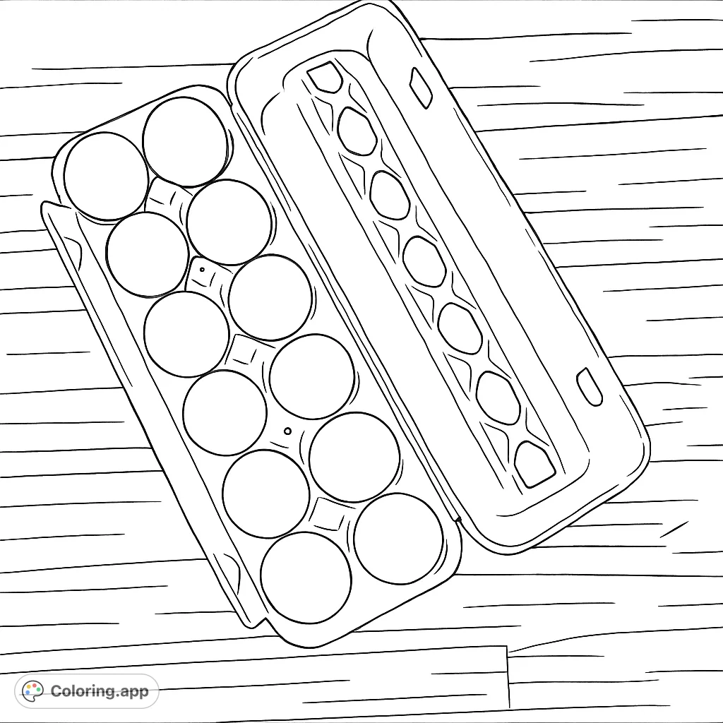 Discover a charming eggs coloring page featuring a dozen eggs nestled in a carton on a wooden surface. Perfect for all ages!