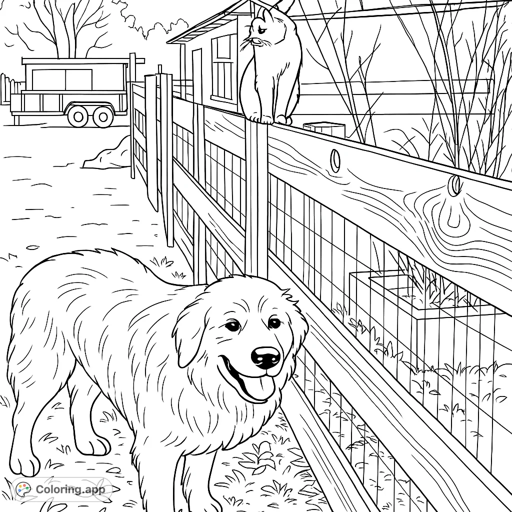 A charming farm scene featuring a friendly dog and a curious cat perched on a wooden fence. Perfect for animal lovers to bring to life with color!