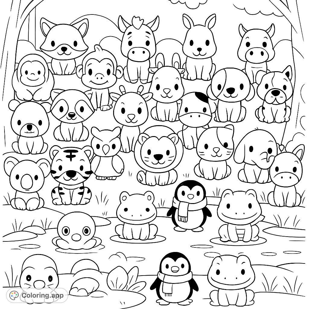 A delightful collection of cute animal figurines in a natural setting, perfect for a fun coloring adventure.