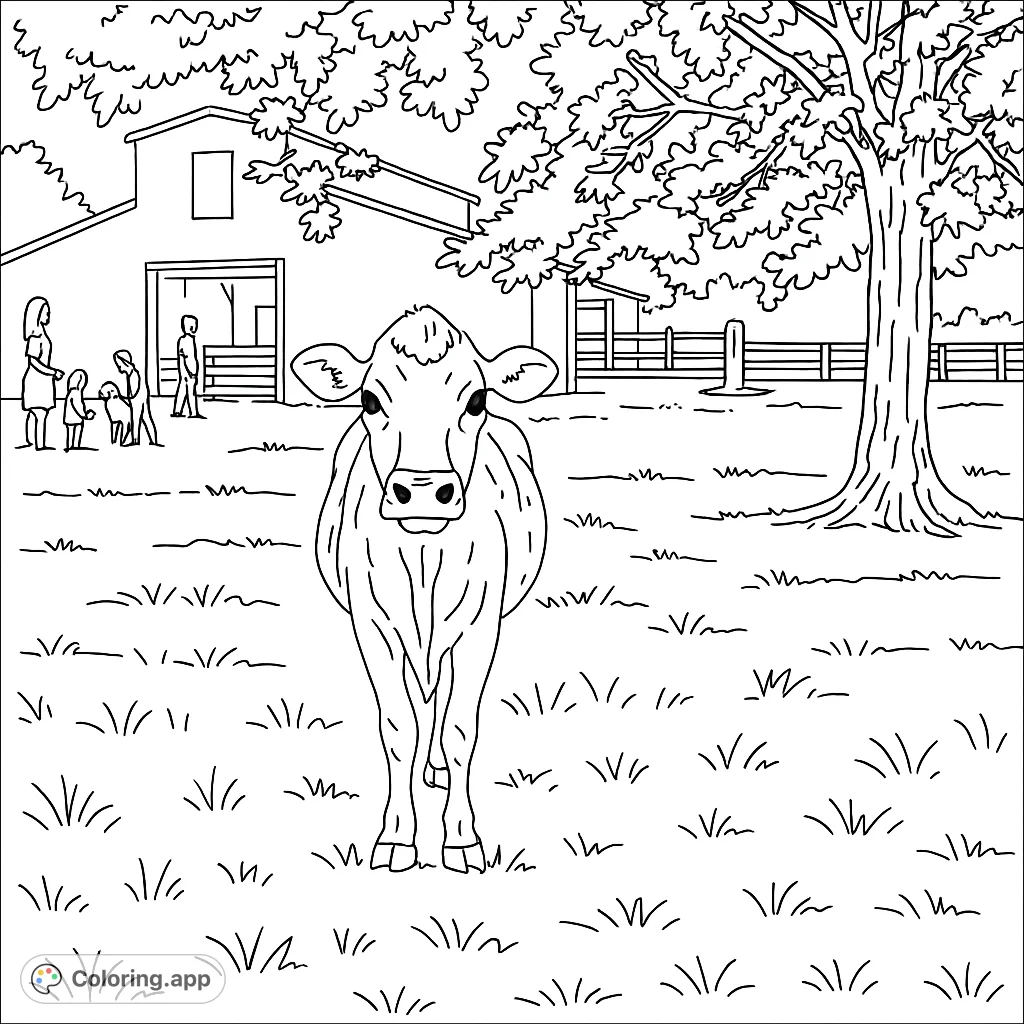 A charming farm scene featuring a friendly cow in the foreground, with a barn, tree, and distant figures, perfect for a relaxing coloring experience.