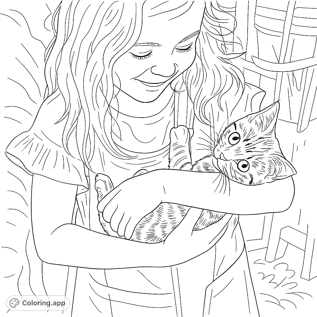 A heartwarming scene of a young girl gently holding a small, curious kitten. Perfect for animal lovers and a delightful coloring experience.