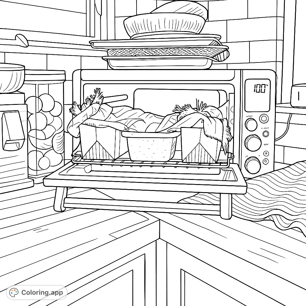 A detailed kitchen scene featuring a toaster oven with baking pans, proofing baskets, and various kitchen essentials, perfect for a relaxing coloring experience.