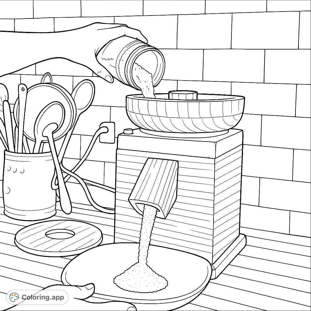 A detailed kitchen scene featuring a grain mill in action, with hands pouring and collecting freshly milled ingredients. Perfect for foodies and home bakers.
