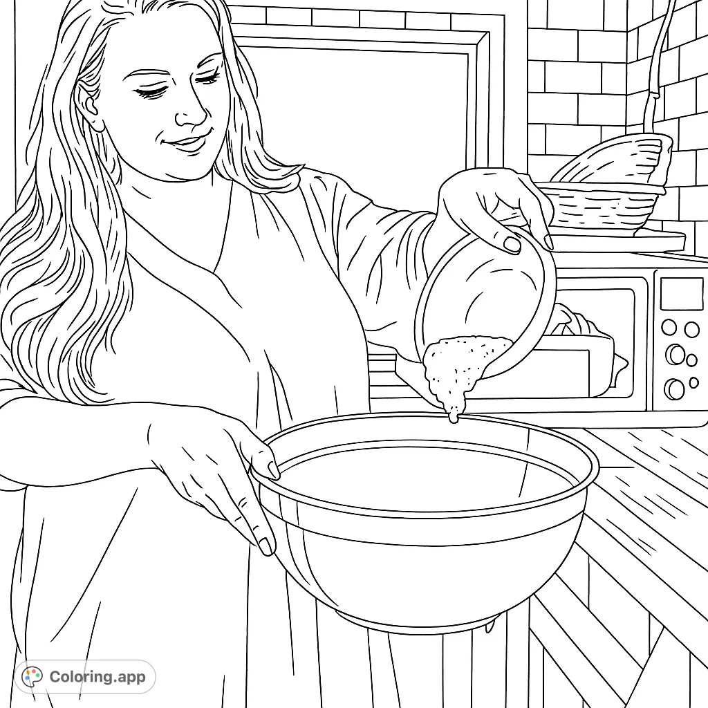 Capture the warmth of home baking with this kitchen scene. A woman pours ingredients into a bowl, ready to create.
