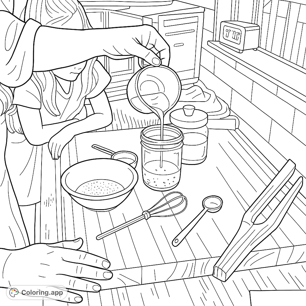 A detailed kitchen scene featuring hands pouring liquid, surrounded by various cooking tools on a wooden board. Perfect for aspiring chefs!